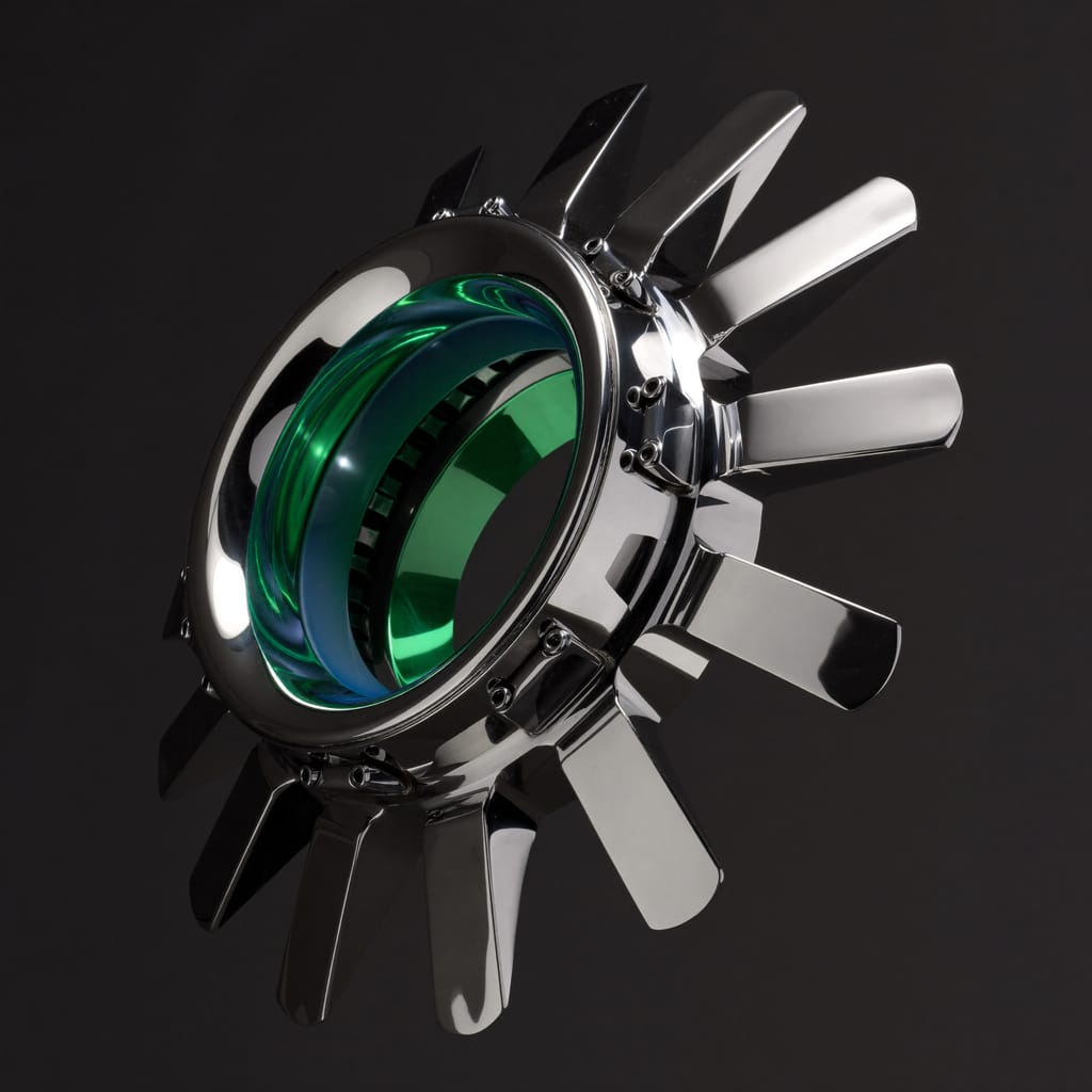 Three-quarter view of the RANGE aperture, chrome vanes around a green lens