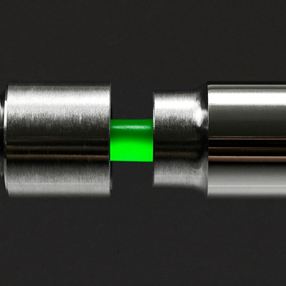 Two machined steel cylinders meeting at a lit green band